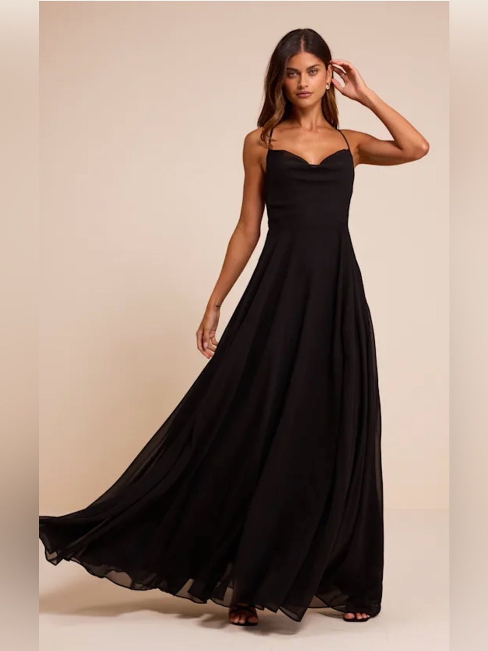 Lulus Romantically Speaking Cowl Lace-Up Maxi Dress Black M NWT